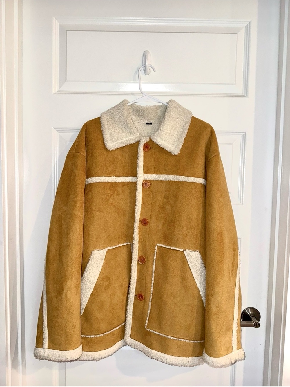 Oversized Faux Suede Sherpa Shearling Coat Jacket Tan Cream Small